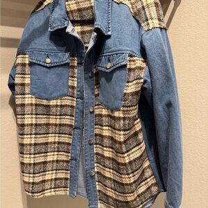 Plaid and Denim Button-Up Jacket